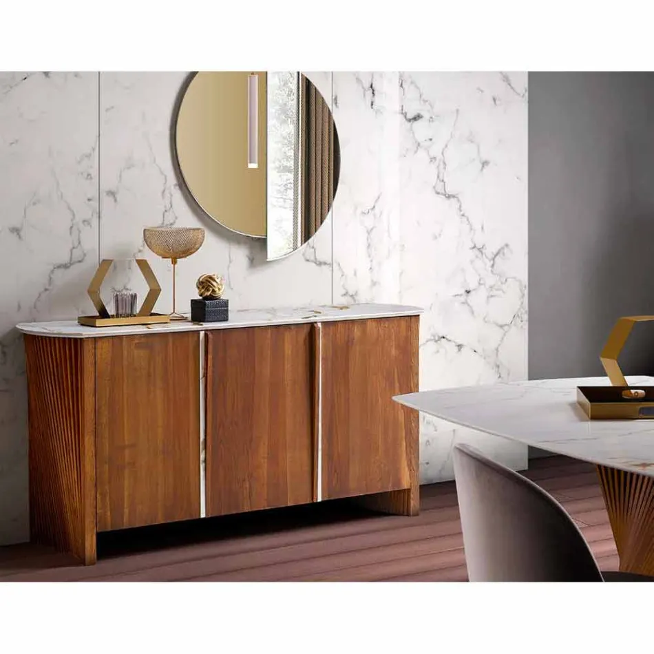 Modernes Holz Sideboard mit Platte und Tür aus Marmor Gres Made in Italy - Wonka Viadurini