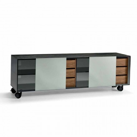 Modernes Sideboard auf Rauchglasrädern und Keramikplatte Made in Italy - Sciocca Viadurini