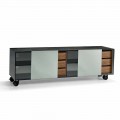 Modernes Sideboard auf Rädern aus Smokey Glass und Keramikplatte Made in Italy - Scocca