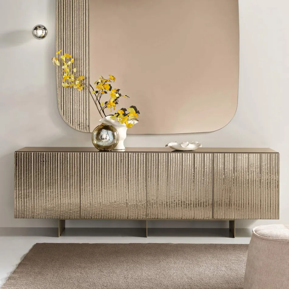 Viertüriges Sideboard aus Melamin und beschichtetem Streifenglas, hergestellt in Italien - Ninfa Viadurini