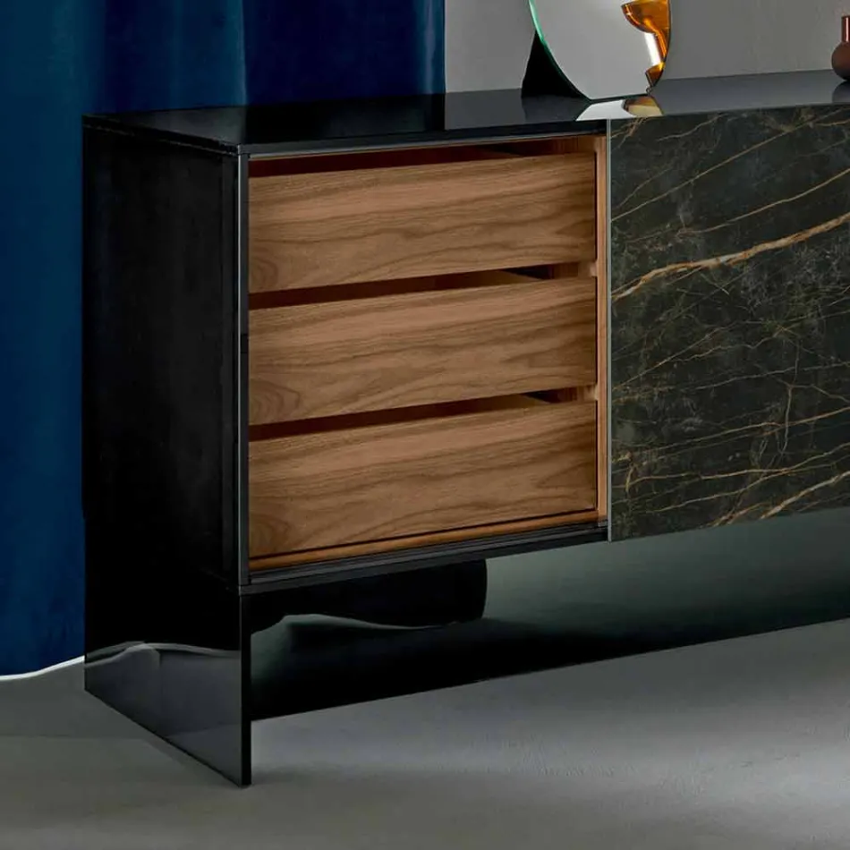 Wohnzimmer Sideboard 2 Keramiktüren und Rauchglasstruktur Made in Italy - Sciocca Viadurini
