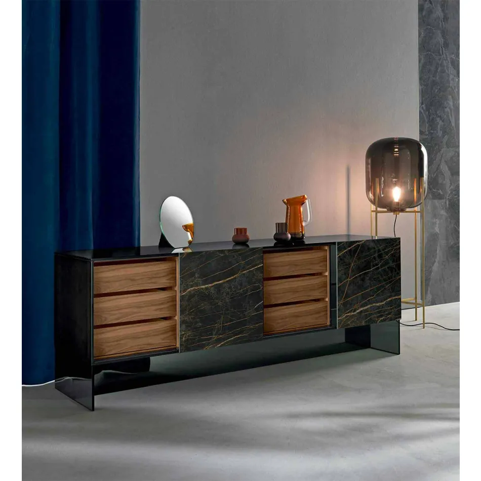 Wohnzimmer Sideboard 2 Keramiktüren und Rauchglasstruktur Made in Italy - Sciocca Viadurini