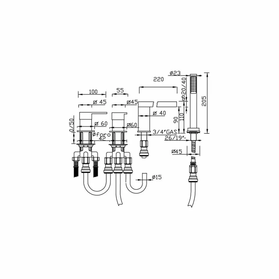 Made in Italy Design Messing 4-Loch-Badewannenmischer - Panela Viadurini