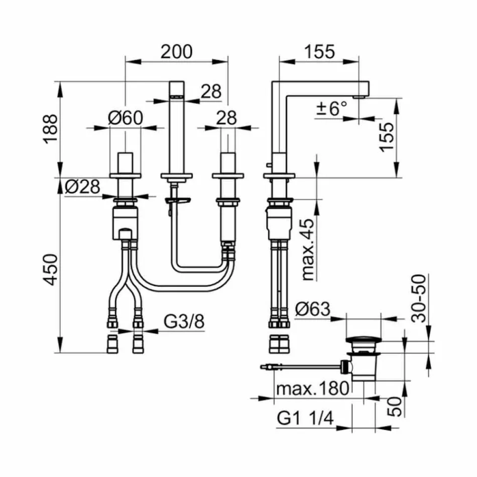 Moderner dreilochiger Waschbeckenmischer aus Chrommetall - Girino Viadurini
