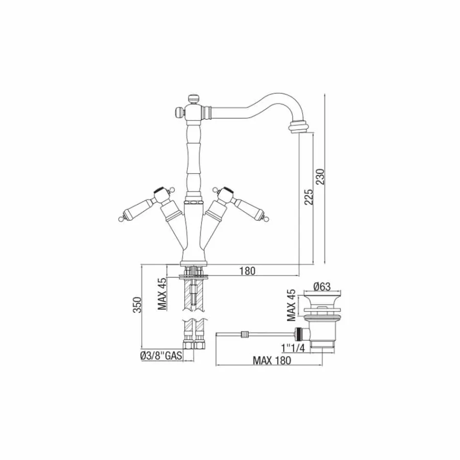 Einlochmischer für klassisches Waschbecken aus Messing Made in Italy - Shelly Viadurini