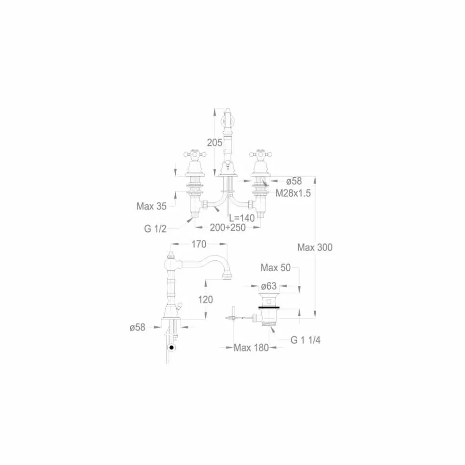 Moderner dreilochiger Waschbeckenmischer aus Messing, hergestellt in Italien - Binsu Viadurini