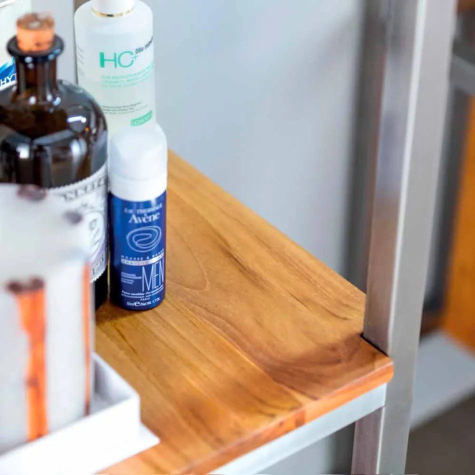 Säulen-Badezimmerschrank aus Teakholz und Stahl mit 4 offenen Regalen - Tamburino Viadurini