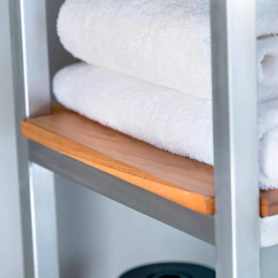 Säulen-Badezimmerschrank aus Teakholz und Stahl mit 4 offenen Regalen - Tamburino Viadurini