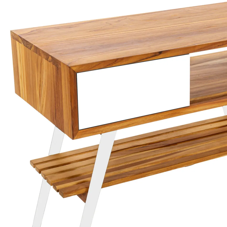 Weißer bodenstehender Badezimmerschrank aus natürlichem Teakholz mit farbigen Schubladen - Benoit Viadurini