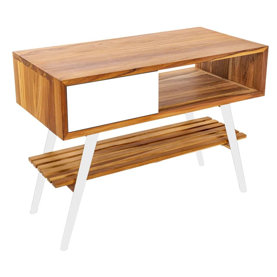 Weißer bodenstehender Badezimmerschrank aus natürlichem Teakholz mit farbigen Schubladen - Benoit Viadurini