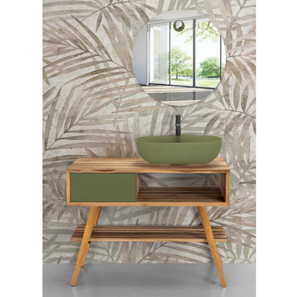 Moderner freistehender Badezimmerschrank aus natürlichem grünem Teak - Benoit Viadurini