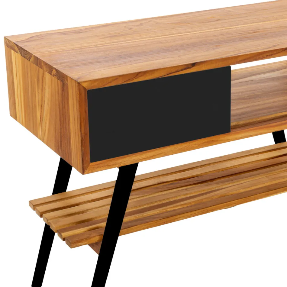 Moderner schwarzer Badezimmerschrank aus natürlichem Teakholz mit Schubladen - Benoit Viadurini