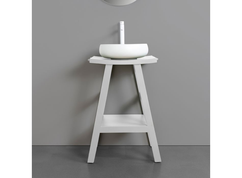 Design-Badezimmerschrank aus natürlichem Teakholz mit mattweißer Platte und Stütze - Raomi Viadurini
