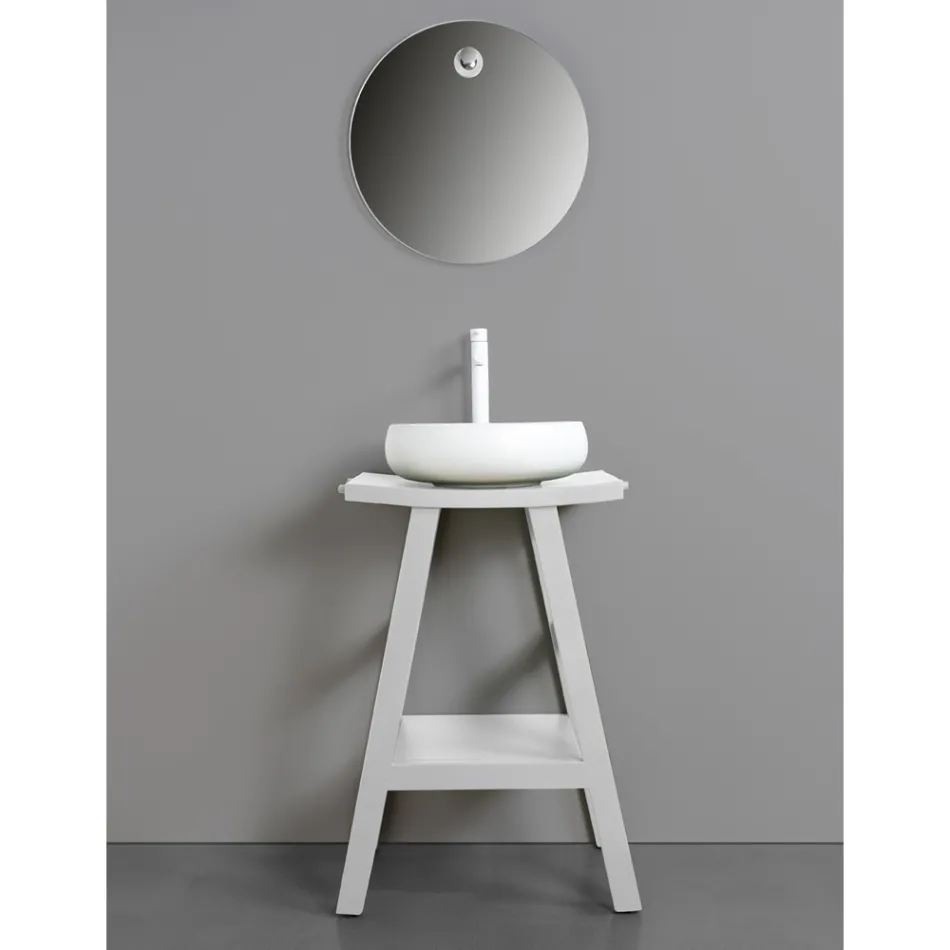 Design-Badezimmerschrank aus natürlichem Teakholz mit mattweißer Platte und Halterung - Raomi Viadurini