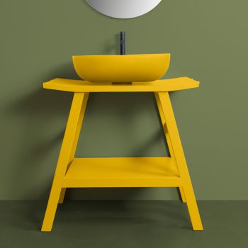 Badezimmerschrank aus gelbem Teakholz mit halbgebogener Platte und praktischer Ablage - Crina