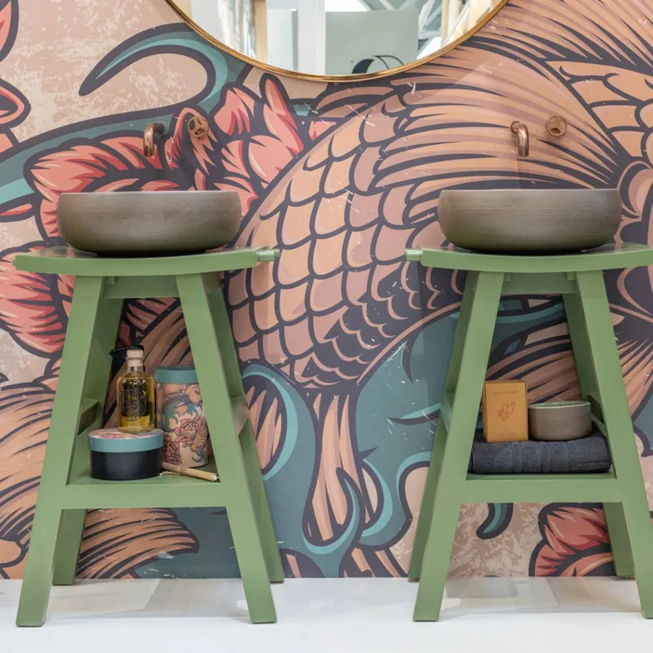 Freistehender Badezimmerschrank mit Teak-Finish und großer grüner Ablage - Raomi Viadurini