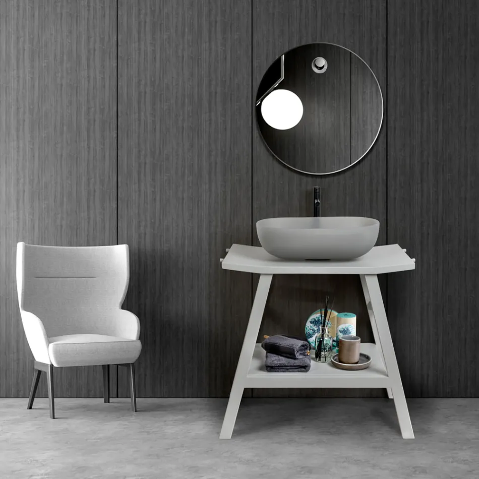 Freistehender Badezimmerschrank mit Teak-Finish in Naturgrau – Rosshaar Viadurini