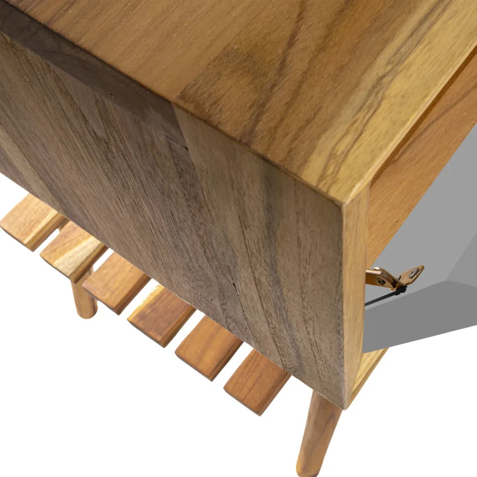 Freistehender Badezimmerschrank aus natürlichem Teakholz mit grauer Farbstütze - Gatien Viadurini