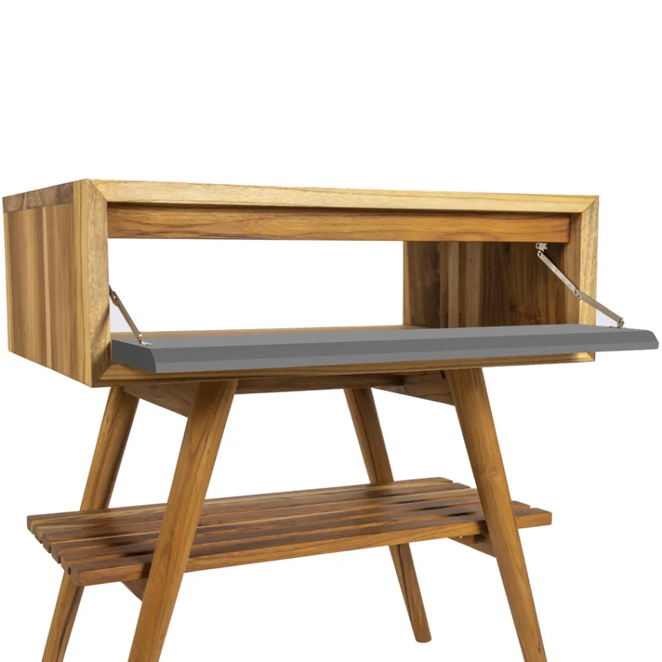 Freistehender Badezimmerschrank aus natürlichem Teakholz mit grauer Farbunterstützung - Gatien Viadurini