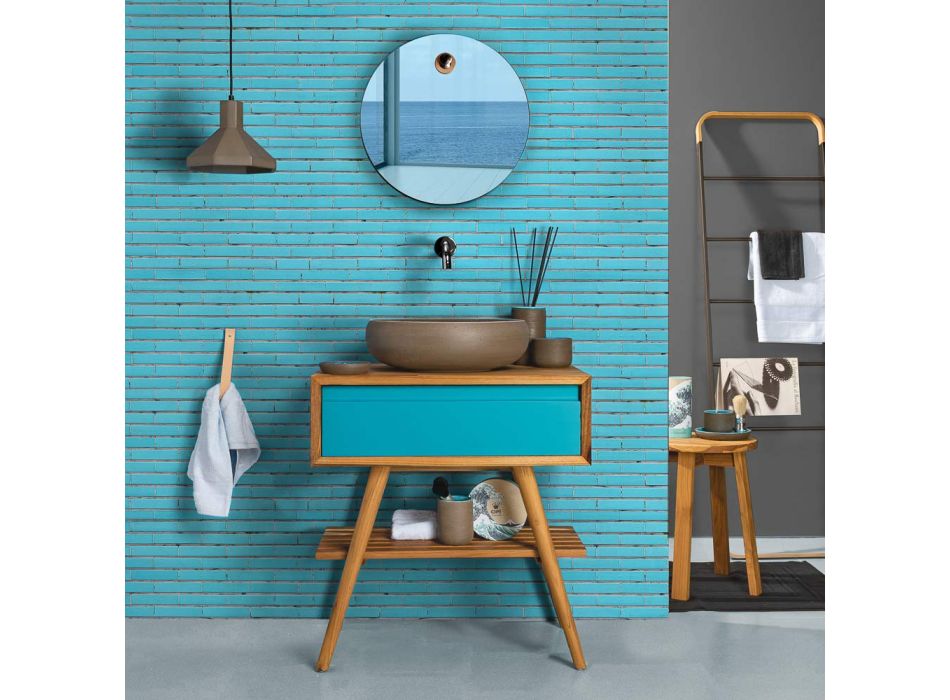 Bodenstehender blauer Badezimmerschrank aus natürlichem Teakholz mit farbiger Schublade - Gatien Viadurini