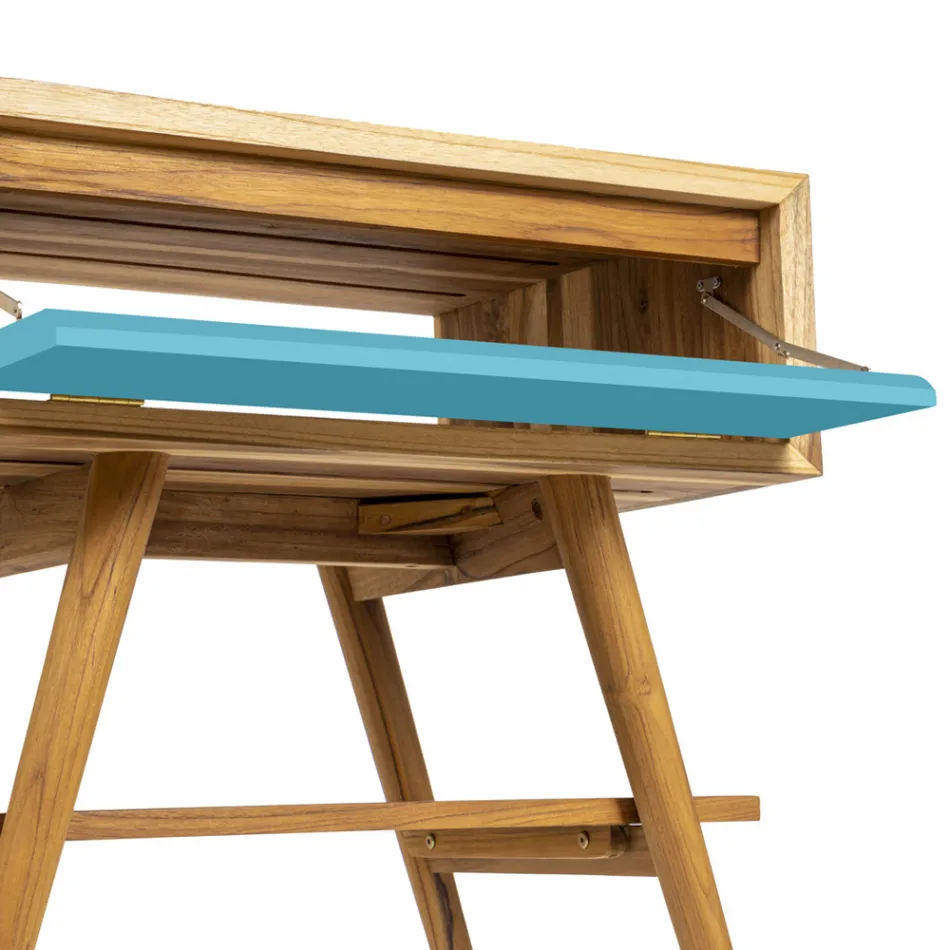 Bodenstehender blauer Badezimmerschrank aus natürlichem Teakholz mit farbiger Schublade - Gatien Viadurini