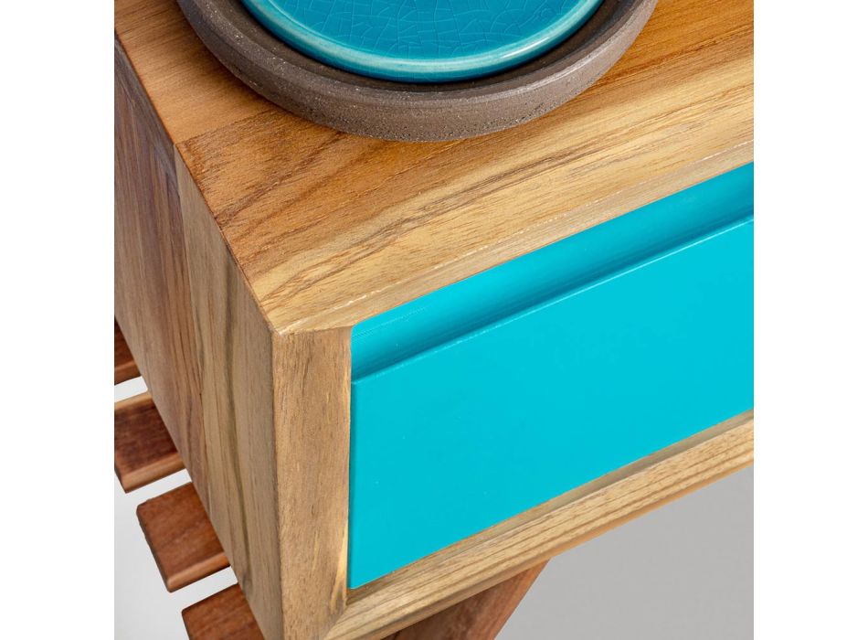 Bodenstehender blauer Badezimmerschrank aus natürlichem Teakholz mit farbiger Schublade - Gatien Viadurini