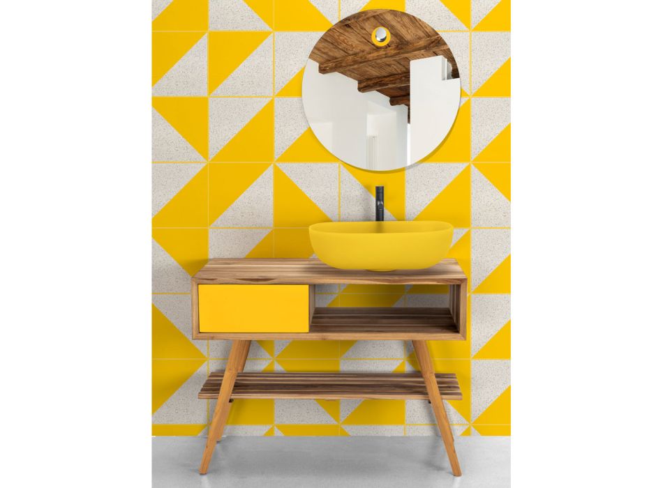 Moderner gelber Badezimmerschrank mit großem Regal und Kommode - Benoit