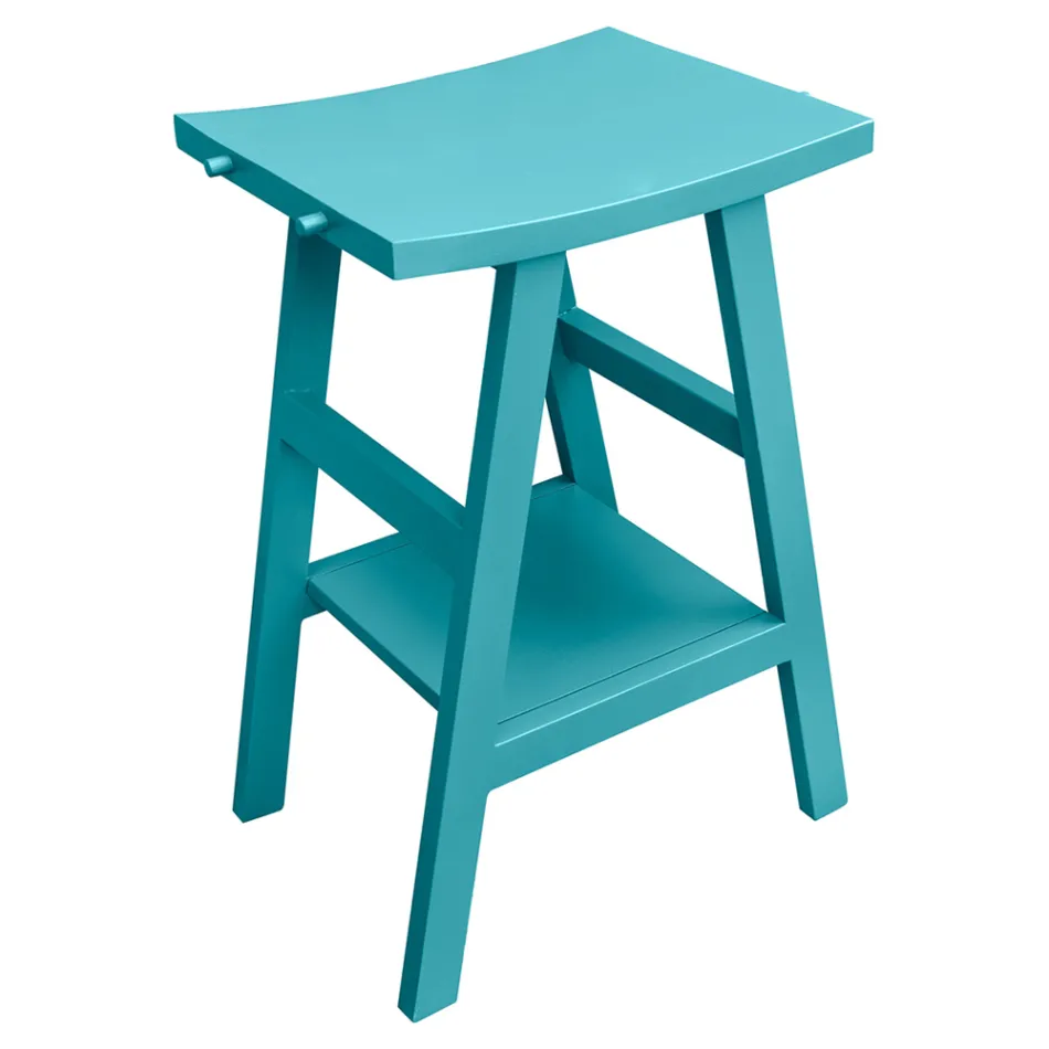 Badezimmerschrank aus Teakholz mit halbgebogener Platte und praktischer blauer Ablage - Raomi Viadurini