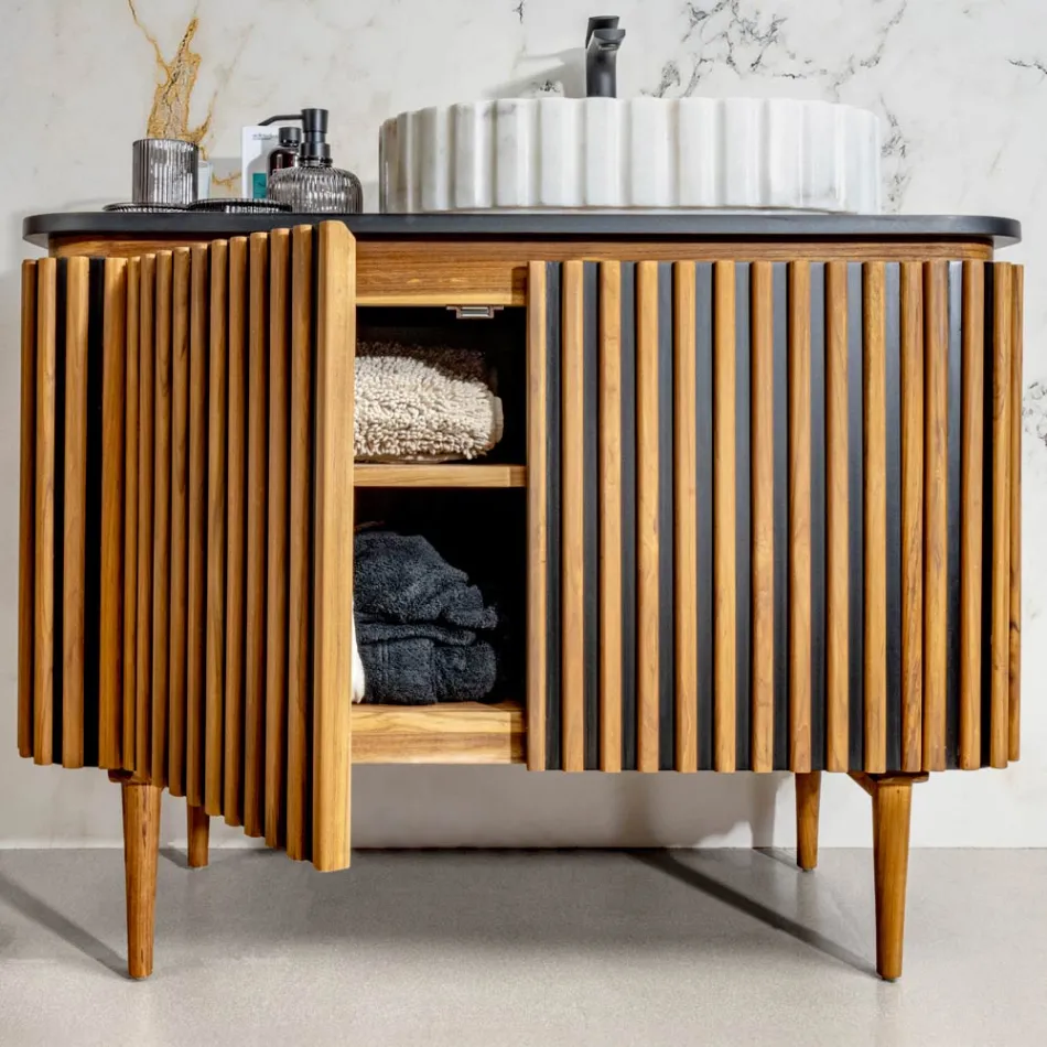 Handgefertigter Badezimmerschrank aus massivem Teakholz und Mahagoni – Heliconia Viadurini