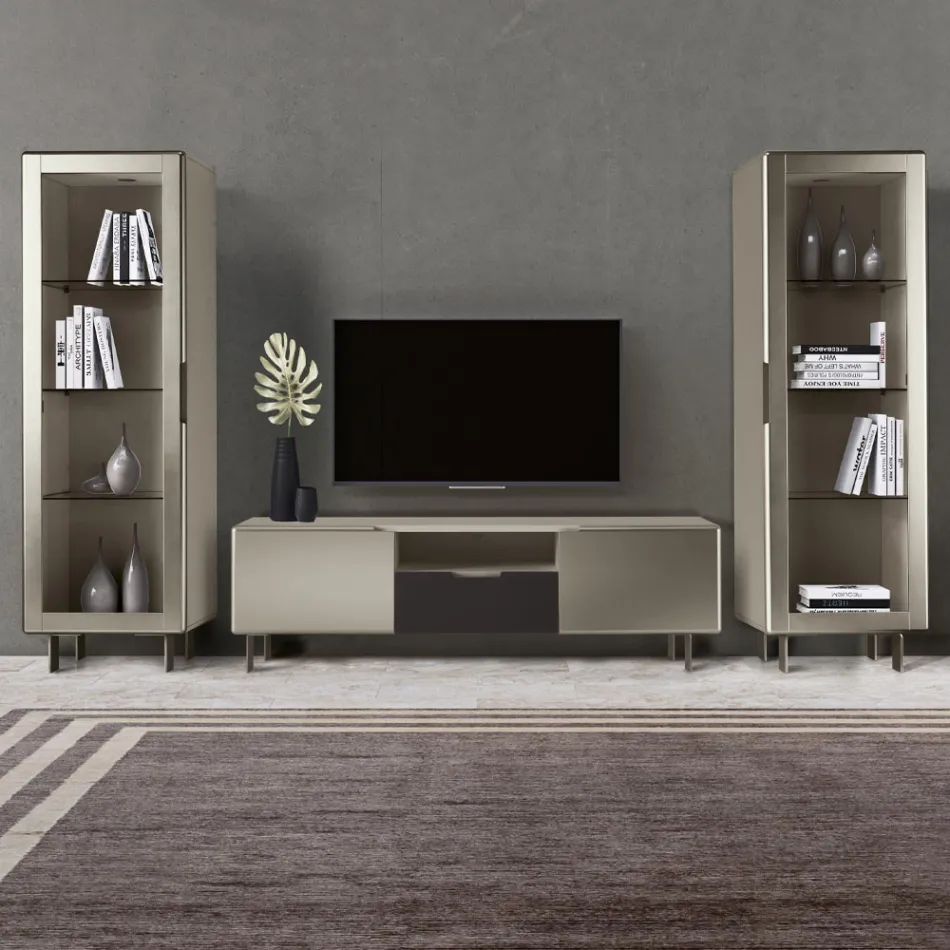 TV-Schrank mit 2 Türen und 1 Schublade in Nickel- und Carbon-Finish – Inga Viadurini