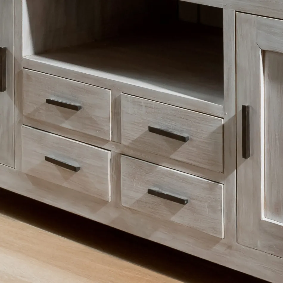 Kendo TV-Ständer aus massivem Teakholz mit 2 Türen und 4 Schubladen Viadurini