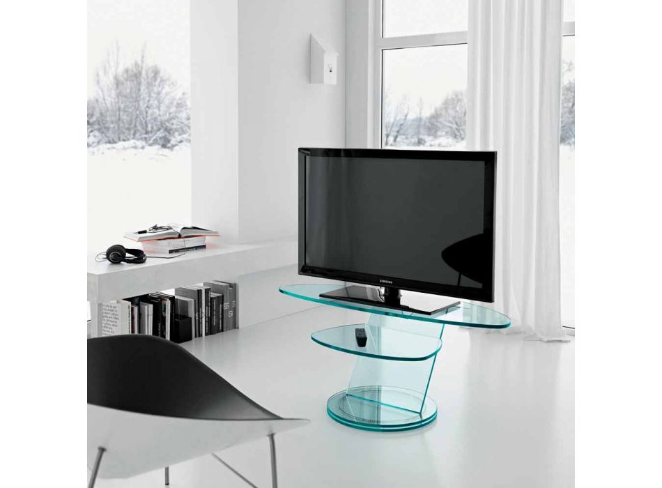 TV-Schrank aus Glas mit drehbarer Basis und 2-dimensionalem Regal - Salemme Viadurini