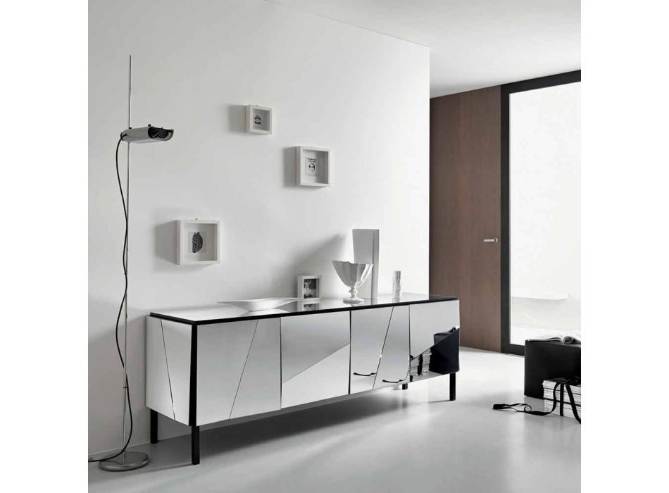 Wohnzimmer-Sideboard aus mattschwarzem Holz und Spiegelglasplatte Liscio - Senese Viadurini