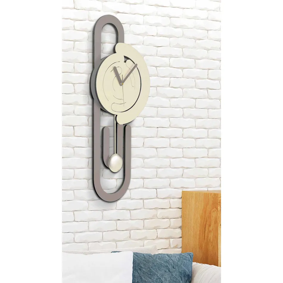 Pendel Wanduhr Modernes Design in beige und braunem Holz - Büroklammer Viadurini