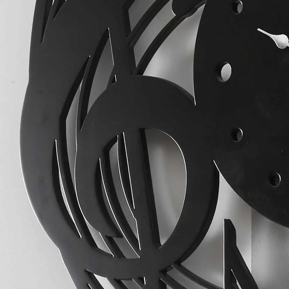 Runde schwarze Wanduhr des modernen Designs in verziertem Holz - Musik Viadurini