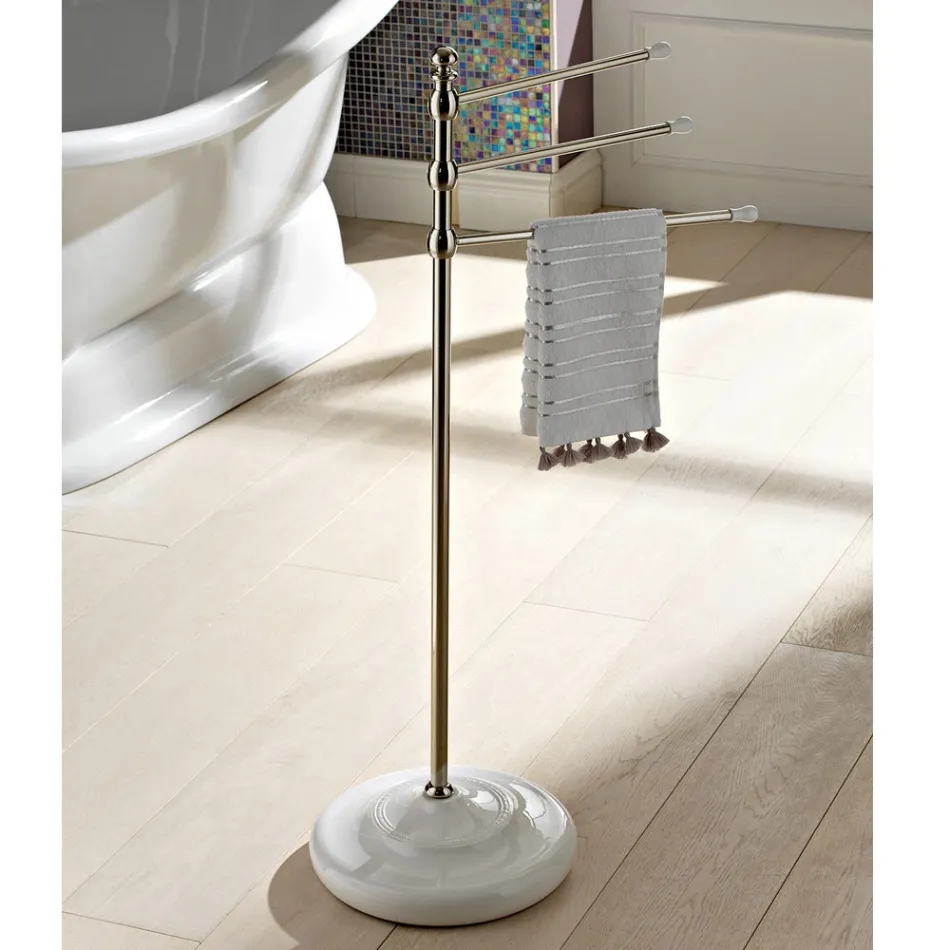 Vintage 3-Arm-Handtuchhalterständer aus Messing und Keramik - Lyon Viadurini