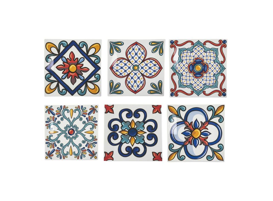 Quadratische Tischteller aus farbigem Porzellandekor 6 Stück - Iglesias Viadurini