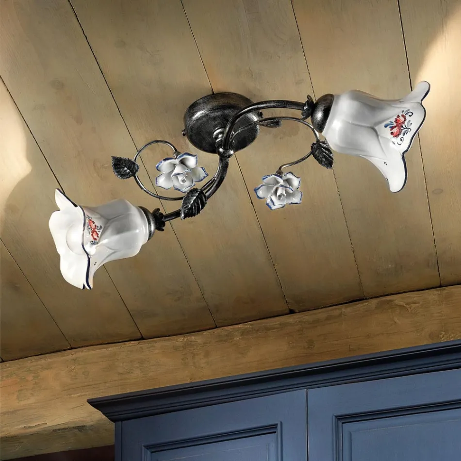 2-Licht-Deckenlampe aus Metall und Keramik mit handgemalten Rosen - Pisa Viadurini