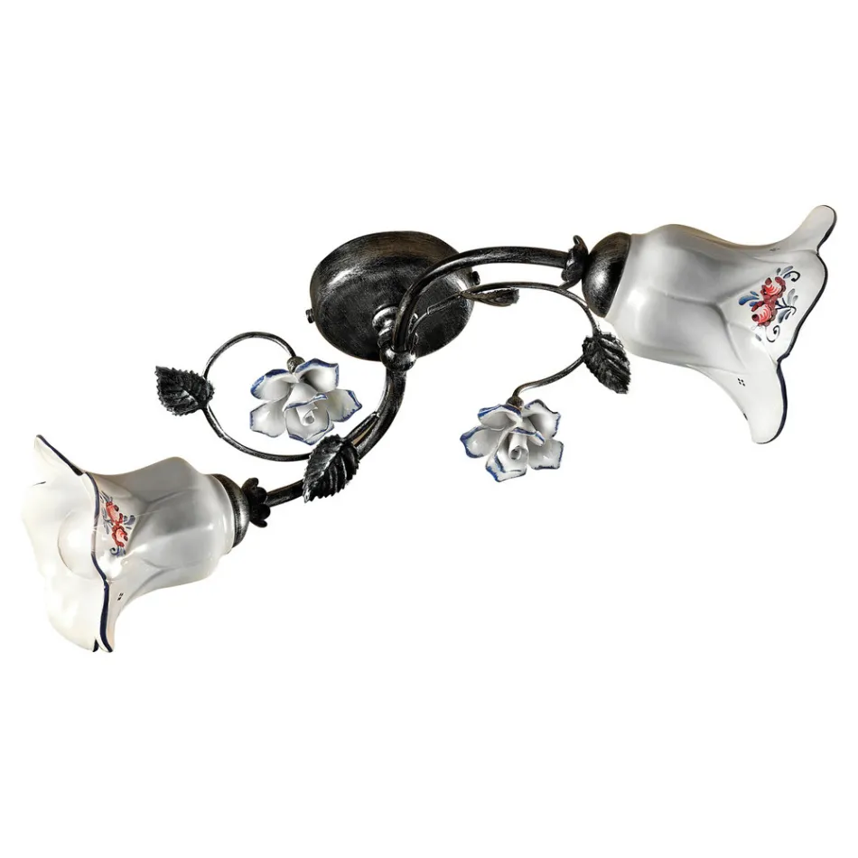 2-Licht-Deckenlampe aus Metall und Keramik mit handgemalten Rosen - Pisa Viadurini