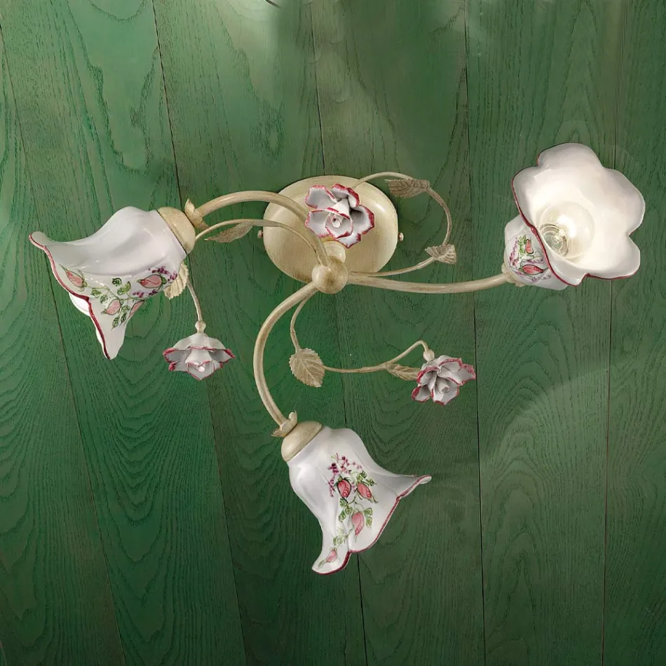 Deckenleuchte 3 Lichter Metall und Keramik Handbemalter roter Draht - Pisa Viadurini