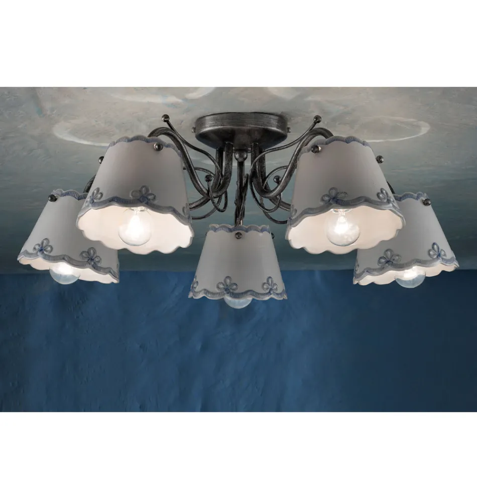 Deckenlampe mit 3 oder 5 Lichtern aus handbemalter Keramik mit Stickereieffekt - Ravenna Viadurini