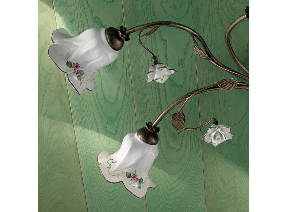 6-Licht-Deckenleuchte aus handwerklicher Keramik mit verzierten Rosen - Pisa Viadurini