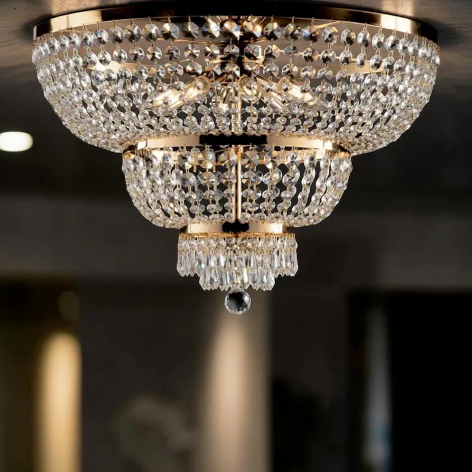Goldene Eisen-Deckenleuchte mit Strasssteinen, hergestellt in Italien und Österreich Viadurini