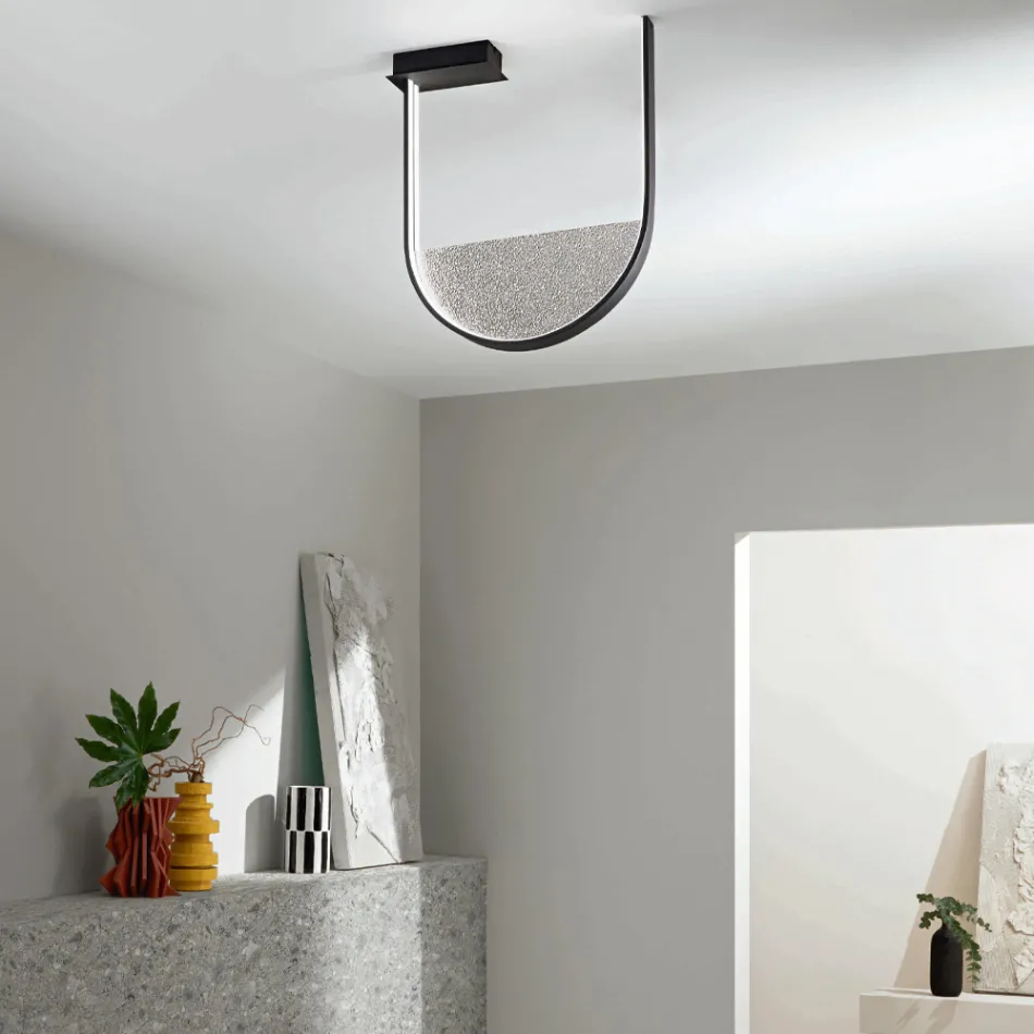 Deckenleuchte aus lackiertem Metall und abnehmbarem Einsatz aus Granulatglas – Catalpa Viadurini