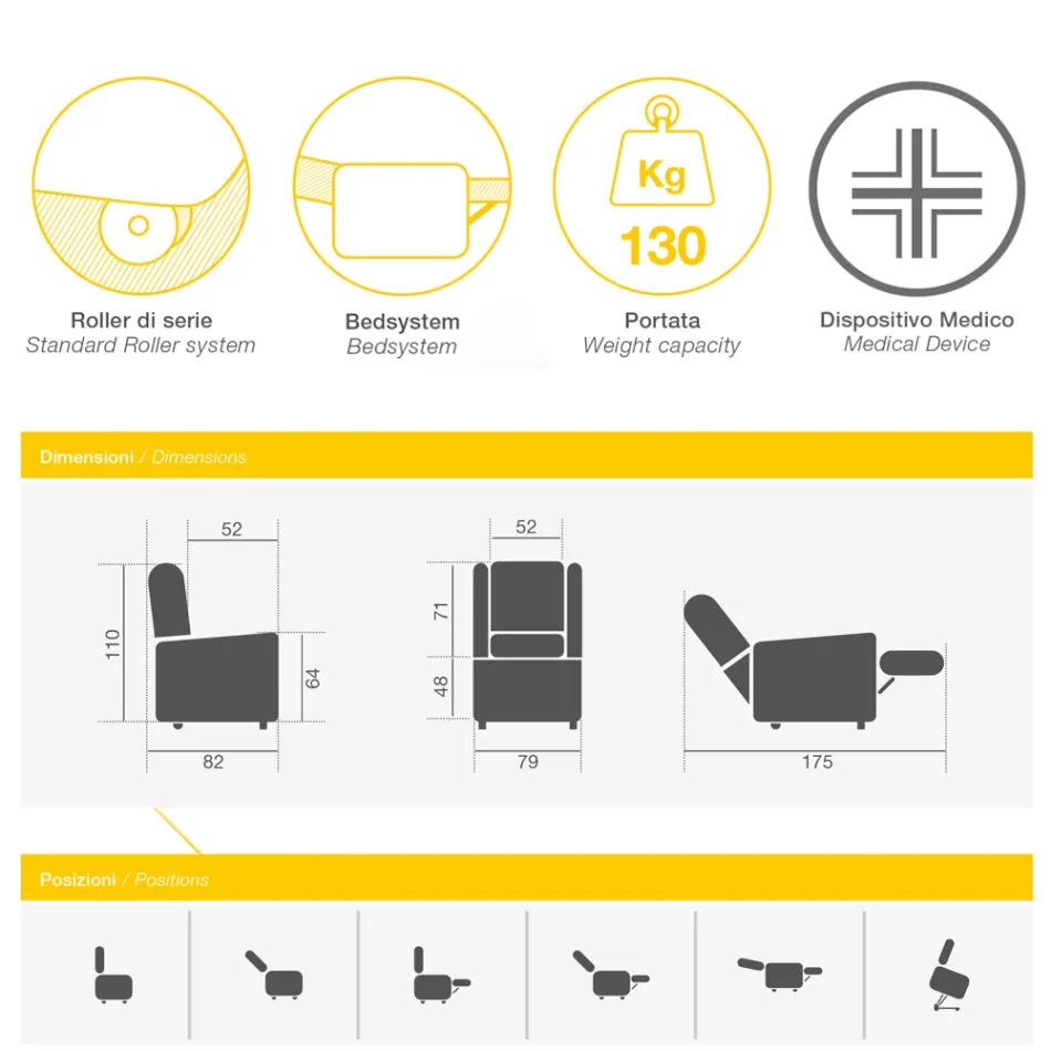 Stoff-Liftsessel mit Lift-, Relax- und Bettfunktion – Romina Viadurini