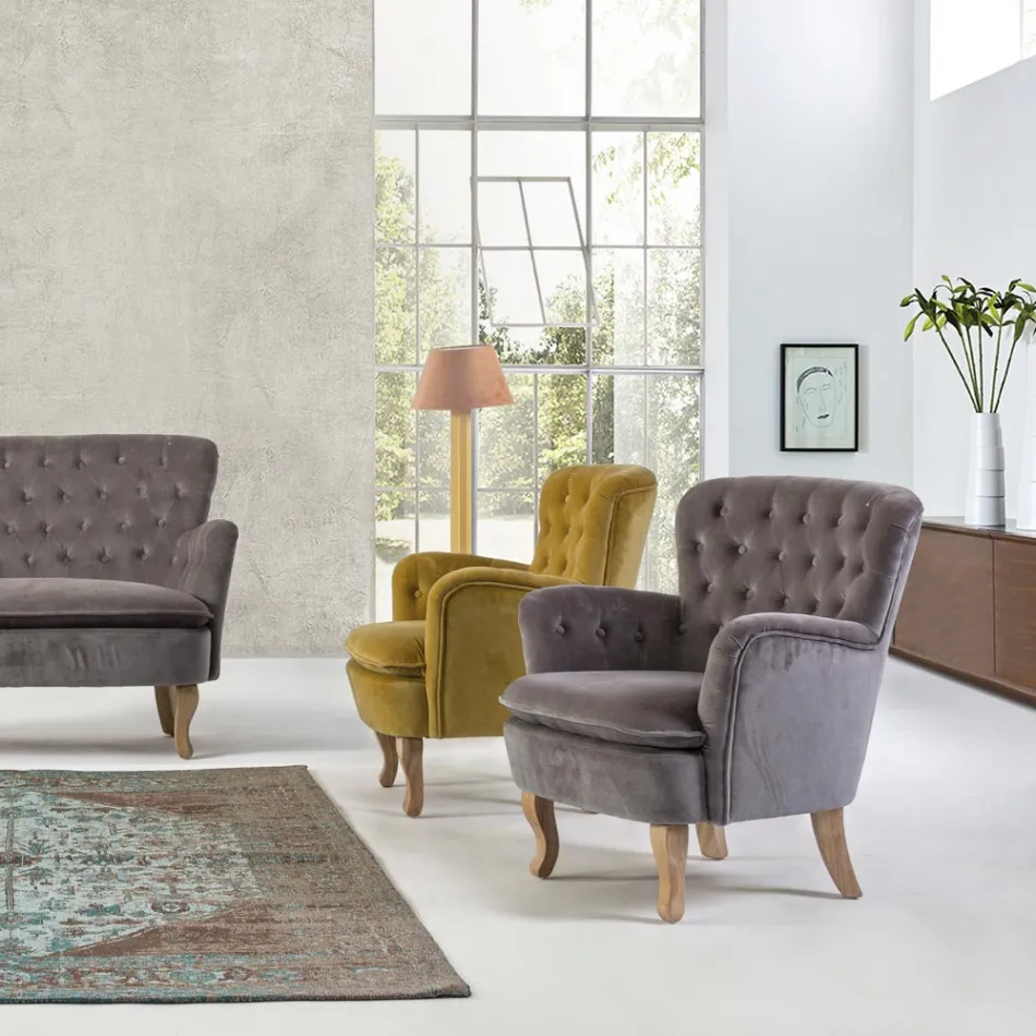 Klassischer Sessel aus Holz und gepolstertem Sitz aus gesteppter Baumwolle - Monny Viadurini