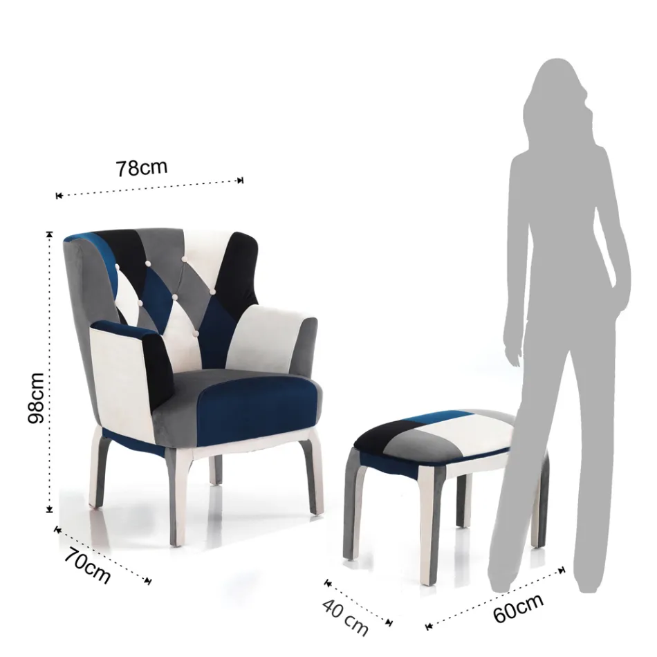 Sessel mit Pouf aus Patchworkstoff – Bromo Viadurini