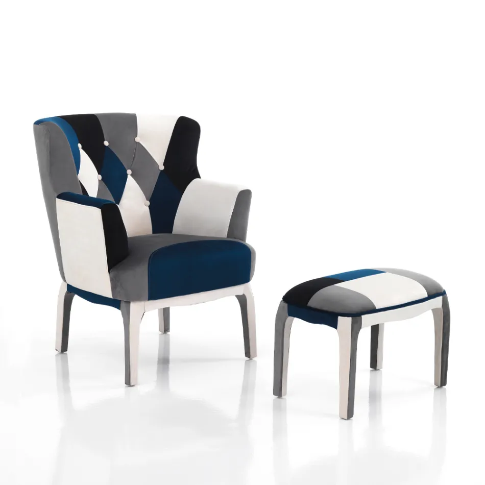 Sessel mit Pouf aus Patchworkstoff – Bromo Viadurini