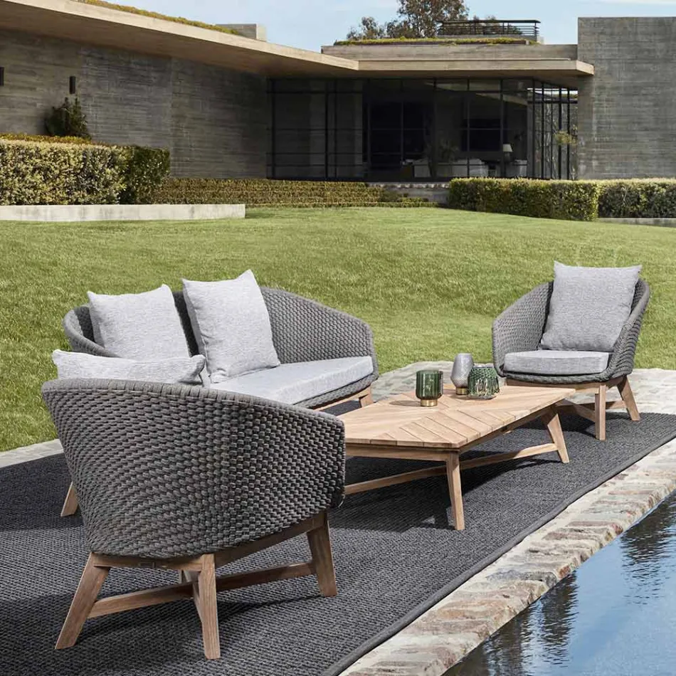 Outdoor-Sessel aus Seilgeflecht und Teakholz, Homemotion – Callum Viadurini