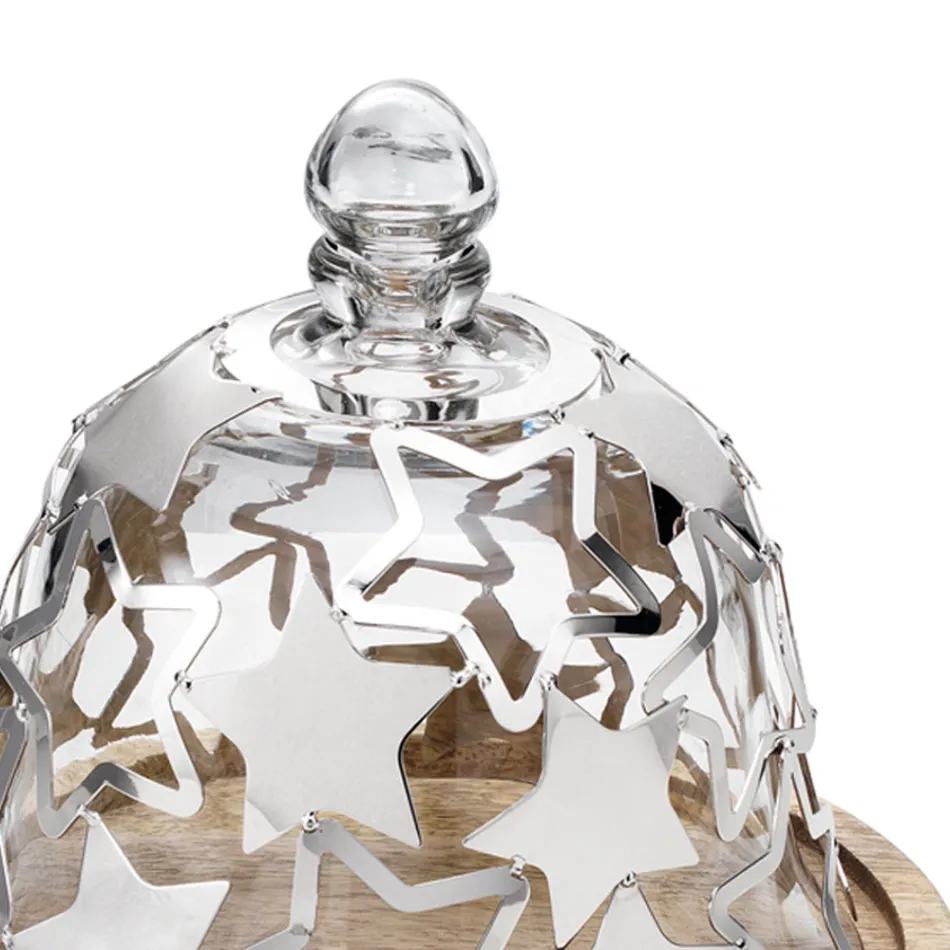 Glockenkuchenhalter aus Holz und Glas mit silbernen Metallsternen - Ilenia Viadurini